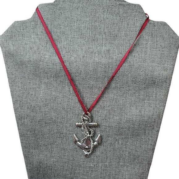 Anchor Necklace Pendant Nautical Rope Silvertone on Ribbon NO CHAIN - AS IS - Picture 1 of 6
